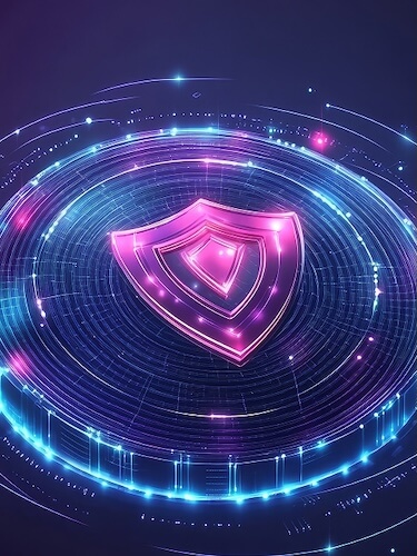 A number of closely set concentric circles in blue neon with pink neon spots supports a pink neon shield with a diamond in the middle.
