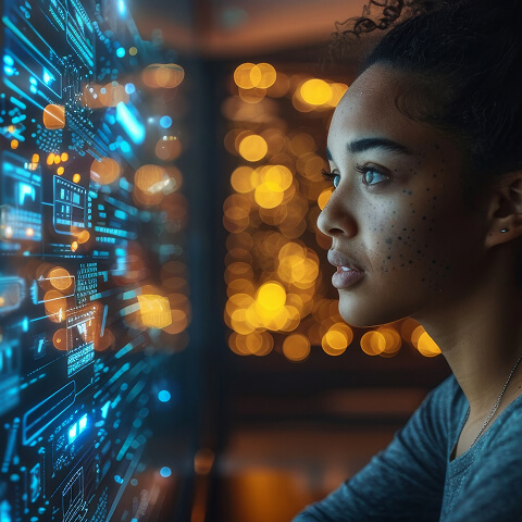 A young woman is staring at a number of holograms hovering in the air in front of her.
