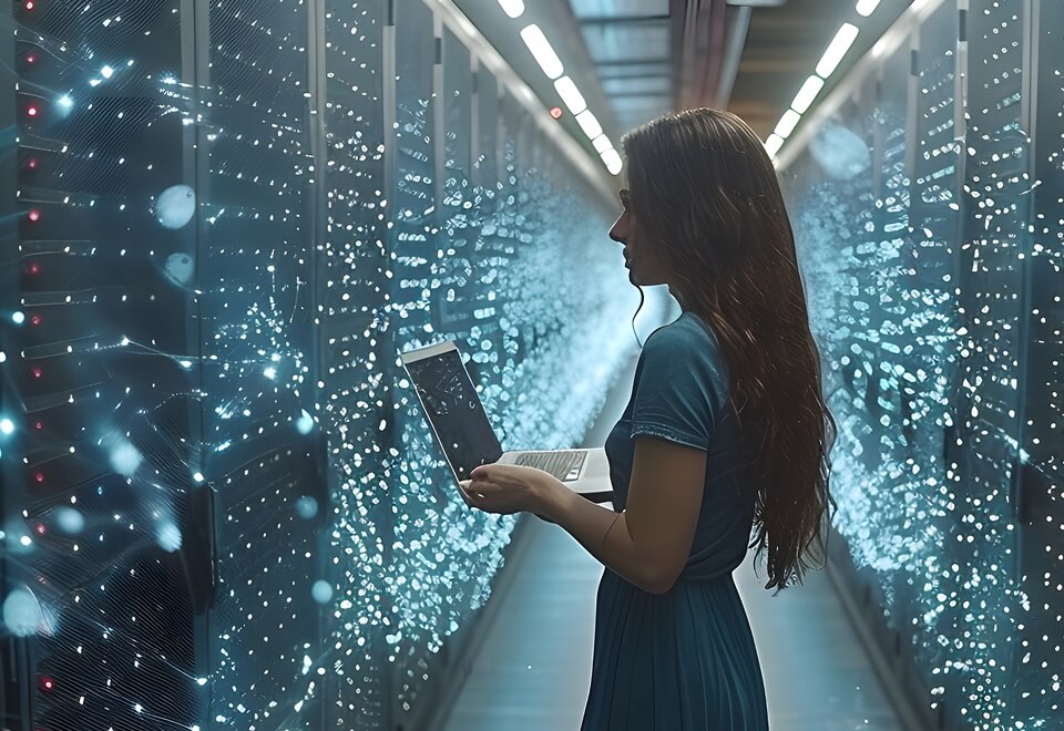 A woman is standing in a long corridor of server stacks, debugging them with a laptop to ensure Newshosting users get the best performance.