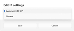 The Edit menu of the DNS server assignment settings with a dropdown open showing “Automatic (DHCP)” and “Manual.”