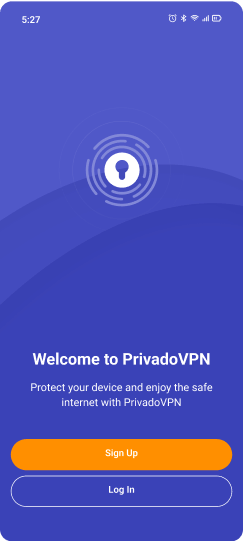 Image of the PrivadoVPN app screen that allows users to either Sign Up or Log in.