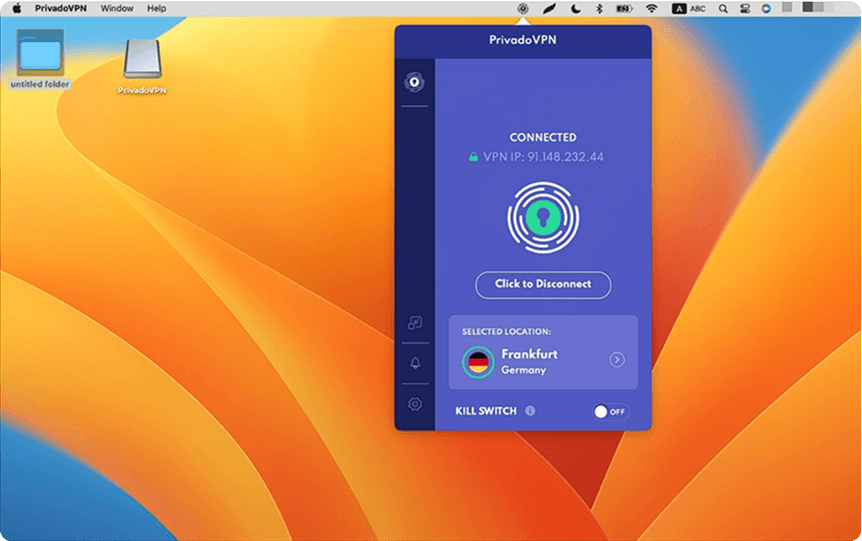 Image of the PrivadoVPN app connected to a server in Germany.