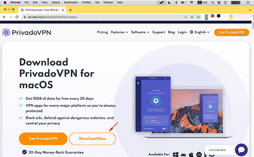 Image of the PrivadoVPN Software page with a red arrow pointing to the Download Now button.