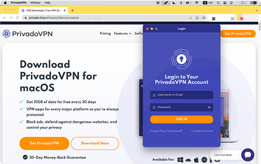 Image of the PrivadoVPN app screen that allows users to either Sign Up or Log in.