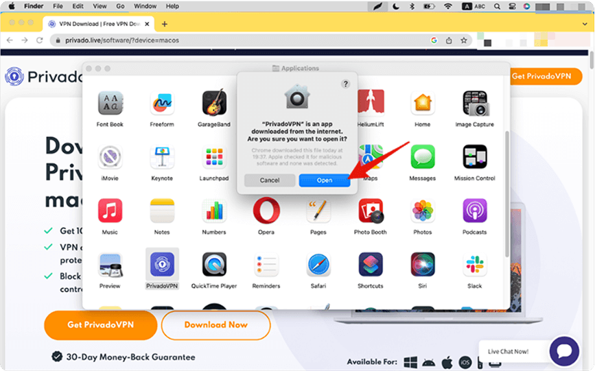 A macOS confirmation window that says, “PrivadoVPN is an app downloaded from the internet. Are you sure you want to open it?” A red arrow is pointing to the “Open” button.