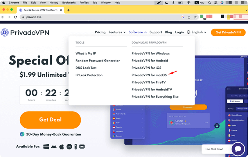Image of the PrivadoVPN website with the Software menu open in the upper navigation. A red arrow is pointing to the selection macOS.