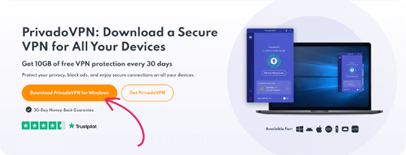 Image of the hero section of the PrivadoVPN Software page with a red arrow pointing to the download button.