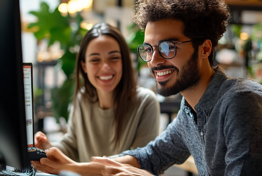 Two people are sitting at a computer, a man in the foreground with round glasses and a woman in the background with long, brown hair. They are both smiling because they are getting great help from the Newshosting support team.