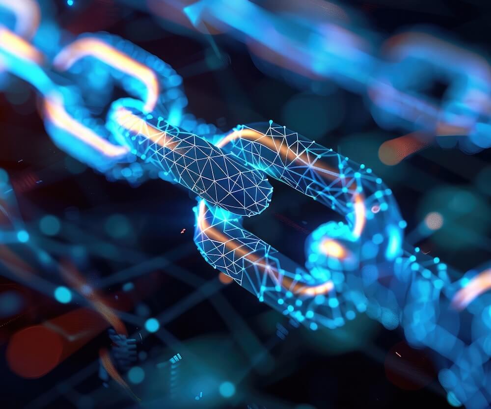 Closeup of a metal chain that is overlaid with a matrix of blue lines and dots.