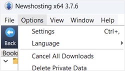 Closeup of the Newshosting Newsreader system menus with the Options menu open. It shows selections for Settings, Language, Cancel All Downloads, and Delete Private Data.