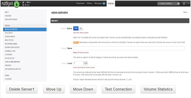The NZBGet Settings screen. “Settings” tab is highlighted at the top of the page and the NEWS SERVERS settings have been selected in the left-hand menu. The main portion of the screen has Server 1 options available, including several interactive fields and buttons.