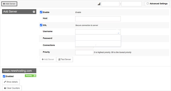 The SABnzbd Servers tab. The “Add Server” button has been pressed and the rest of the screen has the various fields to add a new server to the newsreader. The SSL checkbox has been selected.