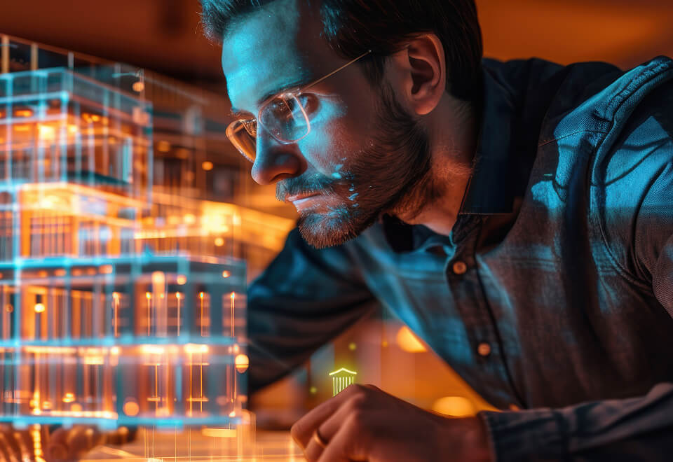 A man with a beard and glasses is staring at several structures made of neon blue and orange lights.
