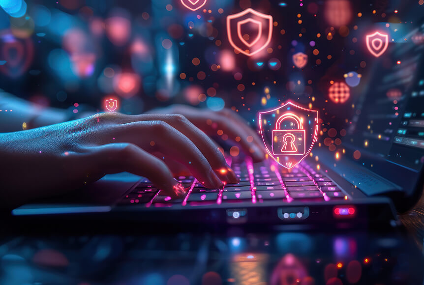 A closeup of two hands typing on a laptop keyboard that is lit up in neon pink. There are holograms of shields hovering above it with a lock in one, smaller shields in others, etc.