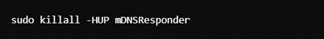 An image of the macOS terminal showing the command “sudo killall -HUP mDNSResponder”