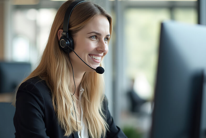 A woman with long, dirty blond hair is smiling and wearing a headset, helping Newshosting customers troubleshoot their DNS issues.