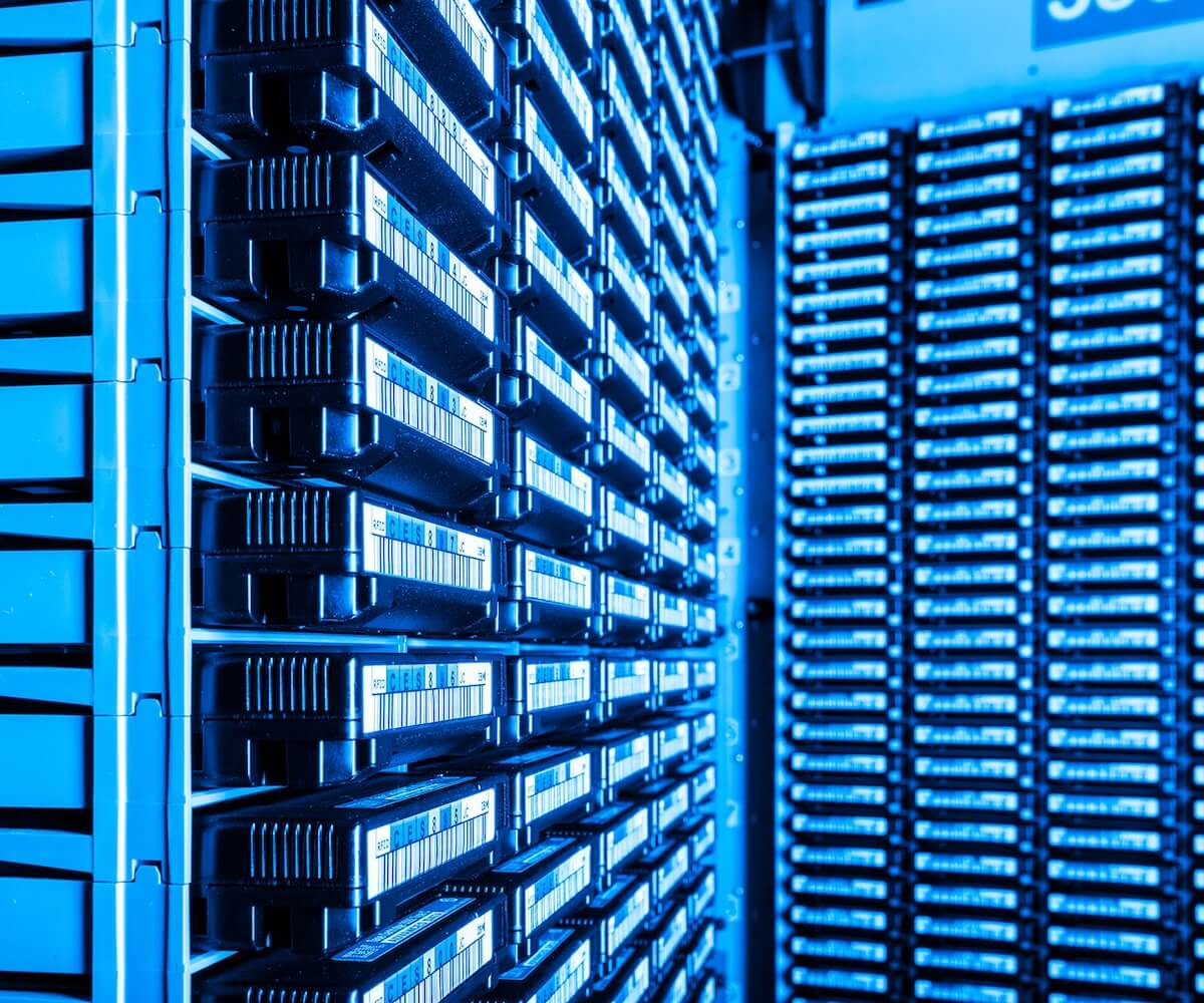 Two server stacks lit in blue.