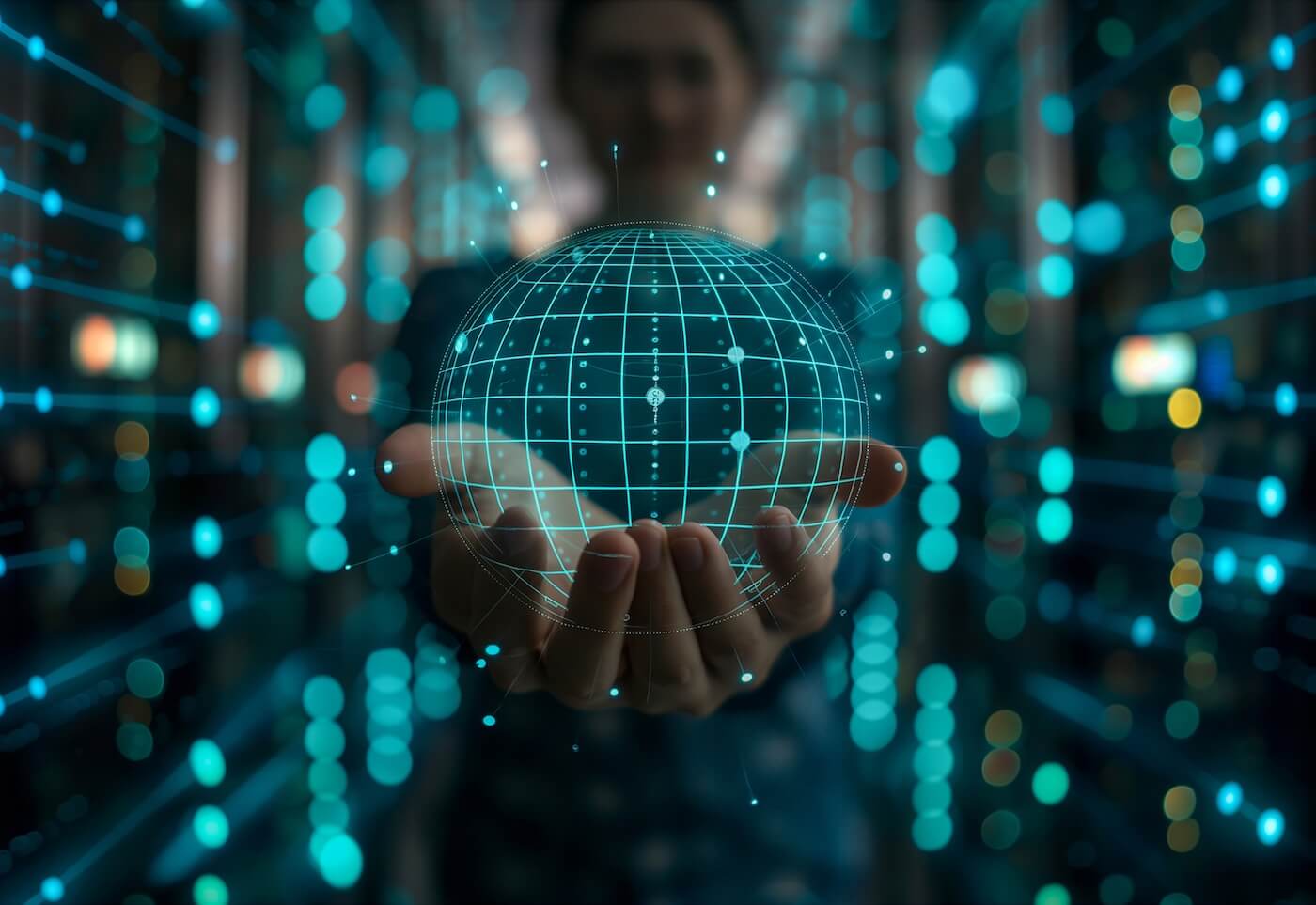 A blurry person is holding their hands out. There is a green wireframe globe that she is holding in both hands, offering it to the viewer.