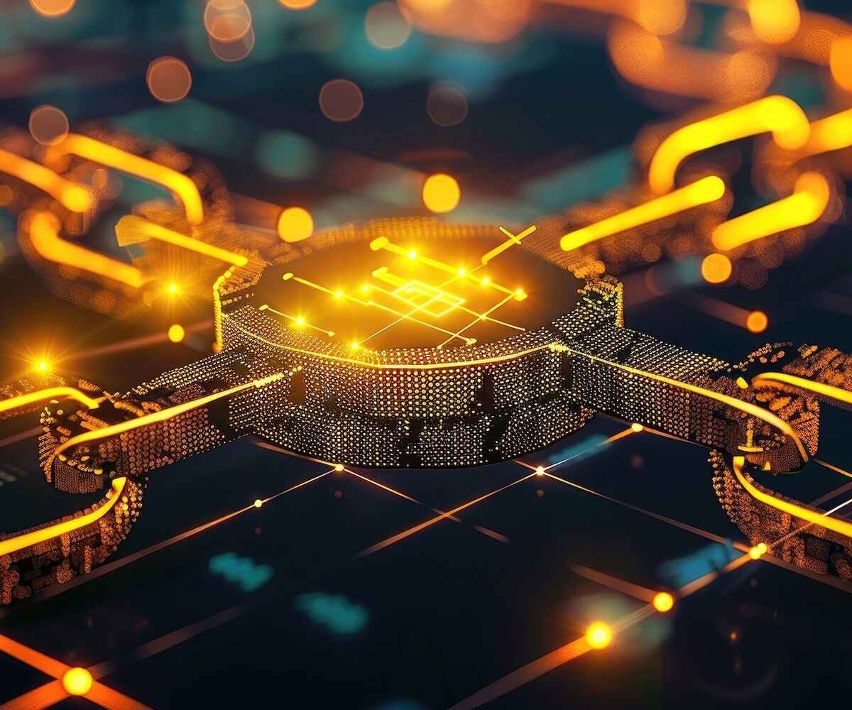 Four chains highlighted with yellow neon are connected to a complex lock in the center with neon yellow circuitry on it.