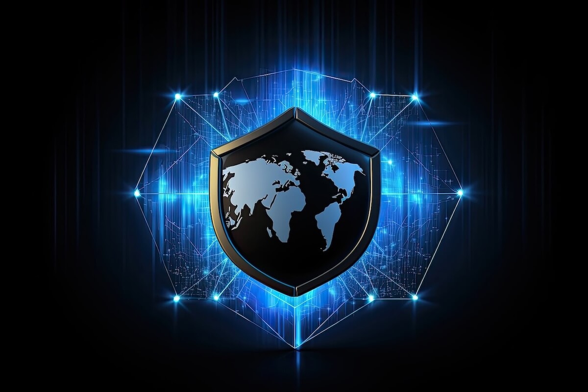 A black shield with a gold trim and a map of the world on it sits in front of neon blue light.