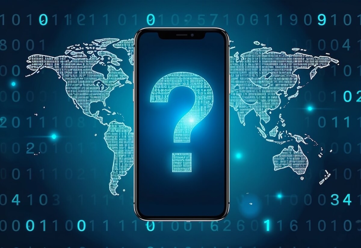 There is a map of the world with the continents outlined in neon blue. They are filled in with binary numbers. In front of it is a mobile phone with a black screen and a blue question mark also outlined in neon blue and filled with blue binary numbers.