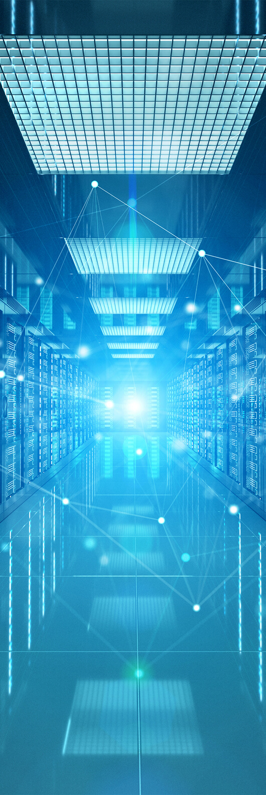 A photo looking down a corridor with server stacks on their side, lit with a blue light at the end. A network of white lines connecting at white dots is overlaid on the rest of the image.