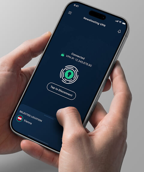 Somebody is holding a cellphone with the Newshosting VPN on the screen.