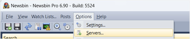 A closeup of the Newsbin Pro system menus with the Options menu selected. It includes options for Settings… and Servers…, and Servers… is highlighted.