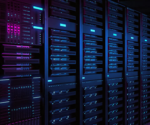 Two server stacks lit in blue.