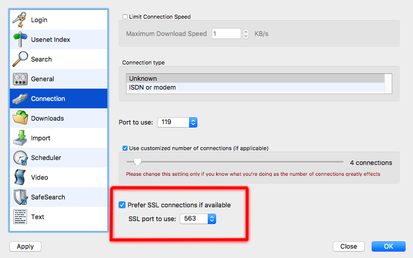 SSL connection settings