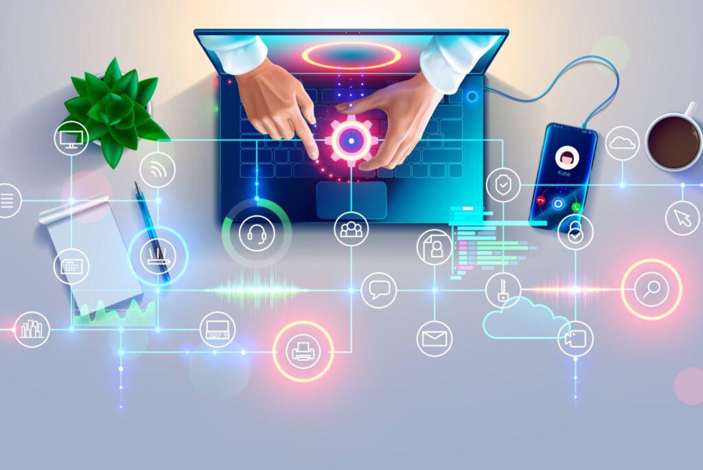 A cartoon laptop with two hands reaching out of the screen, adjusting a gear that is connected to a bunch of icons representing how to set up Usenet. A phone is plugged into the laptop and somebody named Kate is calling.
