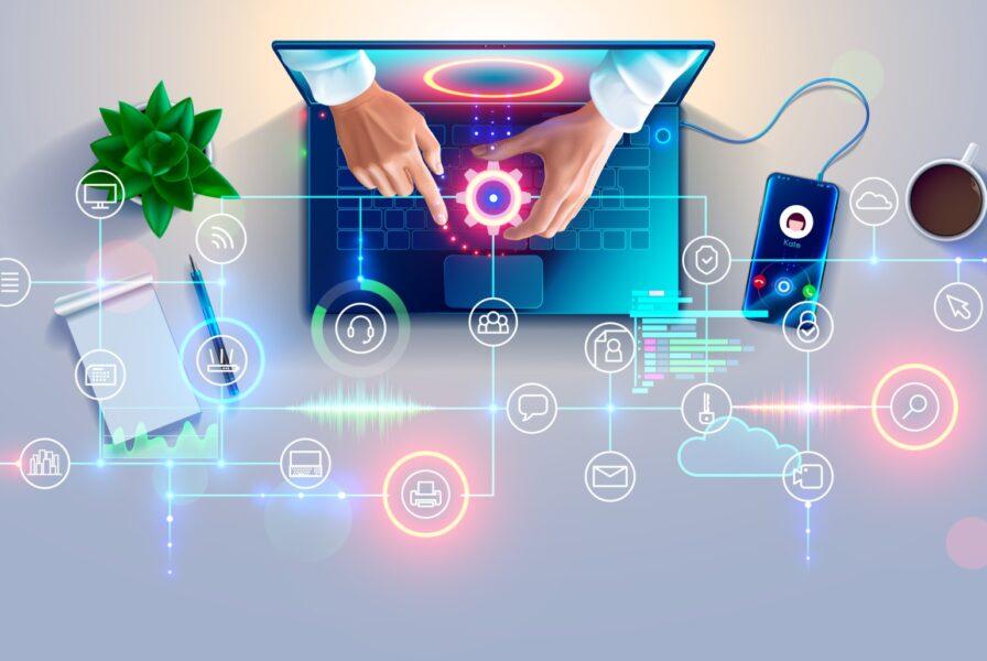 A cartoon laptop with two hands reaching out of the screen, adjusting a gear that is connected to a bunch of icons representing how to set up Usenet. A phone is plugged into the laptop and somebody named Kate is calling.