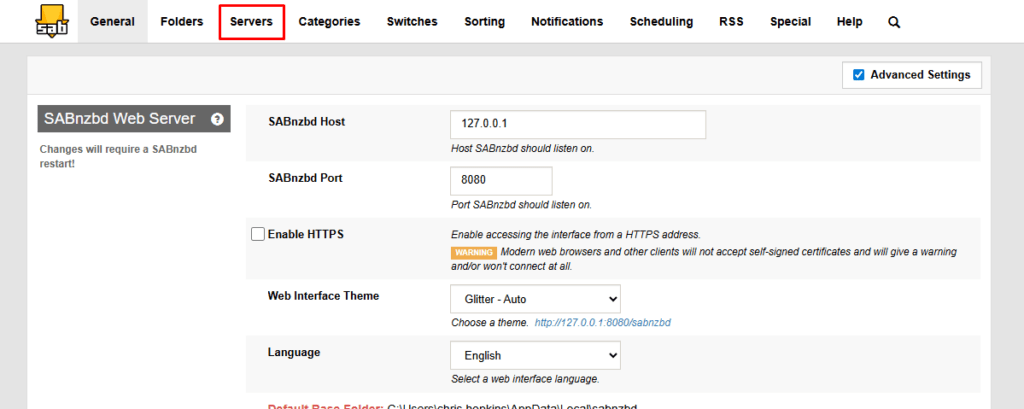 The SABnzbd General Settings page with a red box highlighting the Servers tab.