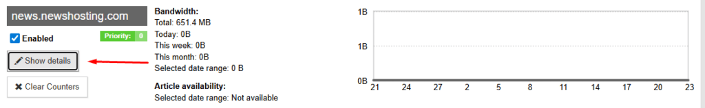 A closeup of a Newshosting server setup in SABnzbd. A red arrow points to the Show Details button.