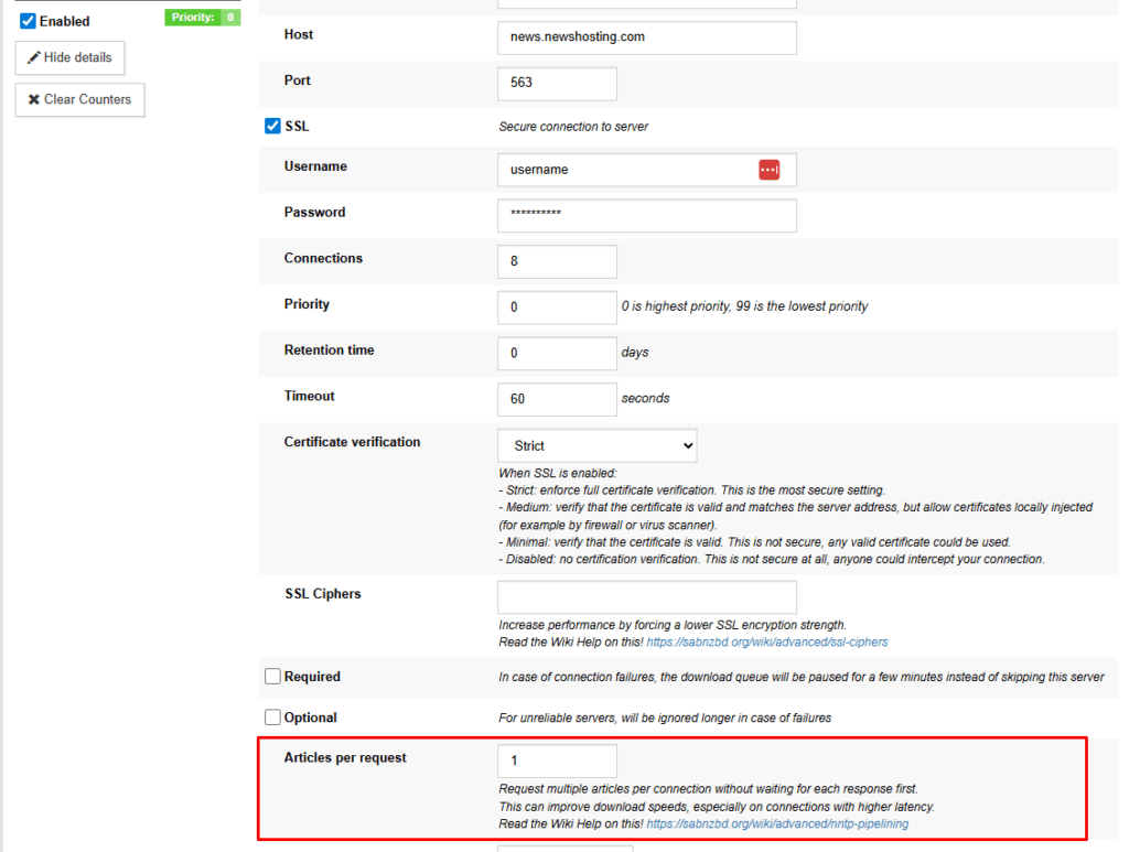 The details of a Newshosting setup in SABnzbd. There is a red box highlighting the Articles per request setting.