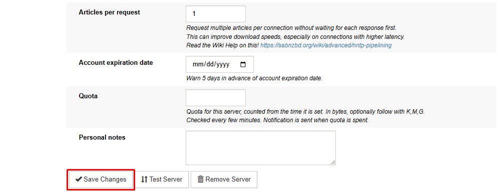 A closeup of a Newshosting server setup in SABnzbd. It shows the Save Changes button highlighted with a red box.