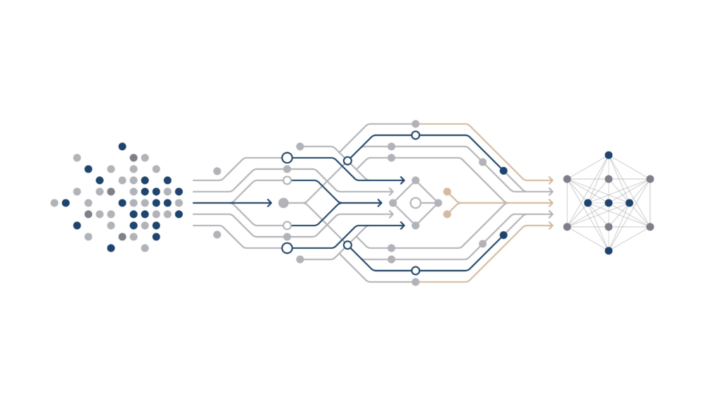 Abstract visualization of data transformation process, showing raw input dots flowing through an NNTP pipeline and being reassembled my your newsreader.