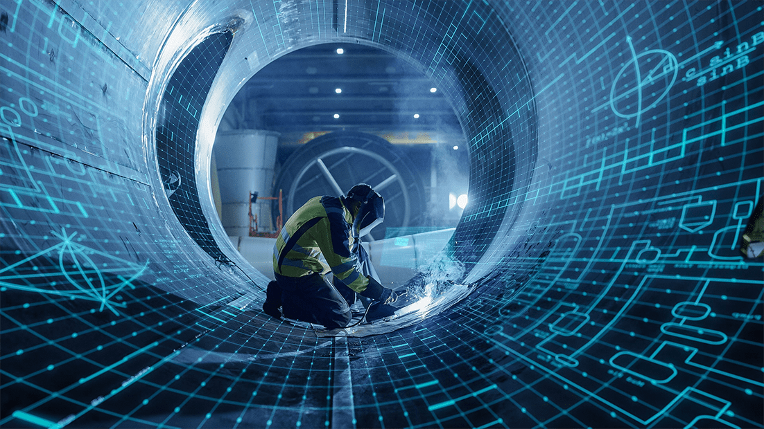 A man is kneeling in a pipe, working on something. The pipe has a digital grid with various mathematical symbols superimposed on it.